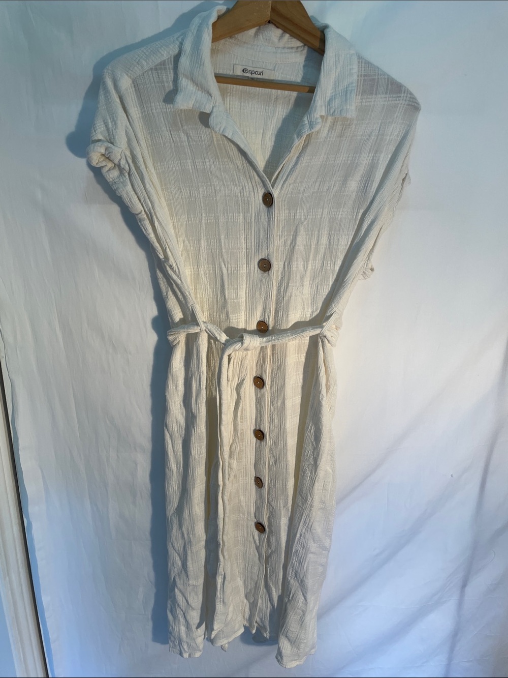 Rip Curl Cream Button-Down Midi Shirt Dress with Tie